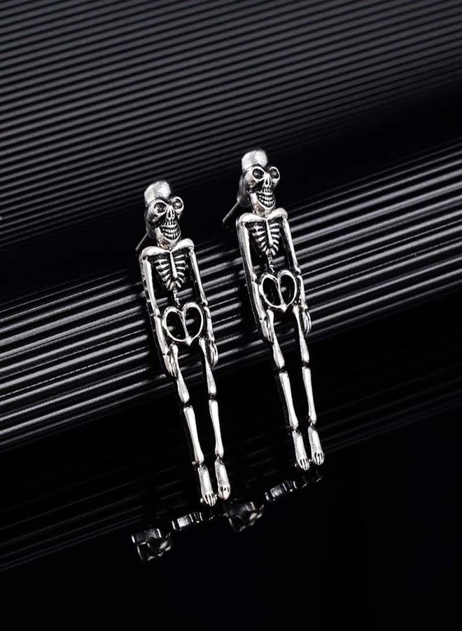 Meimimix Gothic Skull Earrings Punk Skeleton Groom Bride Front Back Stud Earrings Halloween for Women Girl (Silver) - Image 4